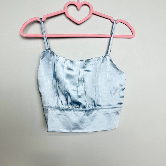 Lulus NWT Luxe'd Out Satin Silk Scoop Neck Cropped Tank Top Light Blue Size XS - Picture 2 of 10